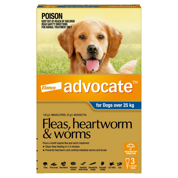 Advocate Blue Spot-On Flea & Worming Treatment 25kg+ Dog (Imidacloprid 100g/L, Moxidectin 25g/L)