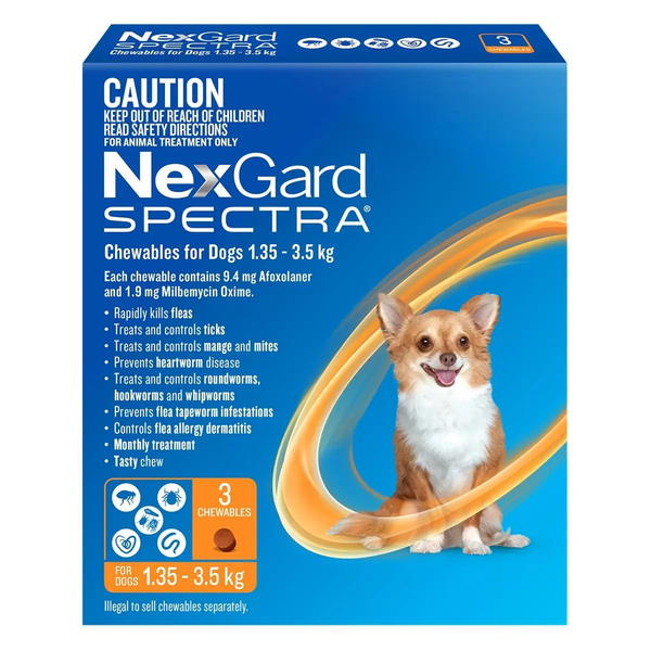 NexGard SPECTRA for Extra Small Dogs 1.35-3.5kg (9.4mg Afoxolaner and 1.9 mg Milbemycin Oxime)