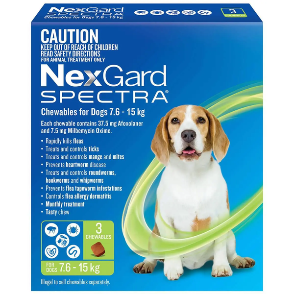 NexGard SPECTRA Chews For Medium Dogs 7.6-15kg (37.5 mg Afoxolaner and 7.5 mg Milbemycin Oxime.)