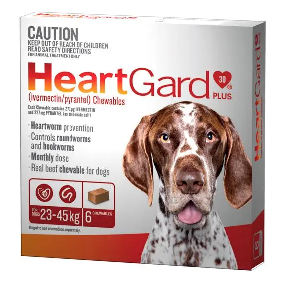 Heartgard Plus Worming Treatment 23-45kg Dog 6 Pack (Ivermectin and Pyrantel)