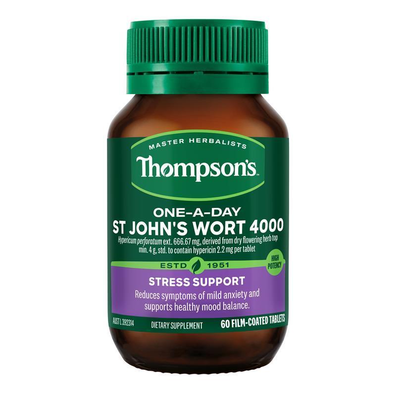 Thompson's One-A-Day St. John's Wort 4000mg 60 Tablets (Hypericum perforatum (St John's Wort) ext. 666.67 mg, derived from dry flowering herb top min. 4 g (4000 mg), std. to contain hypericin 2.2 mg. Contains tabletting aids and colouring substances.)