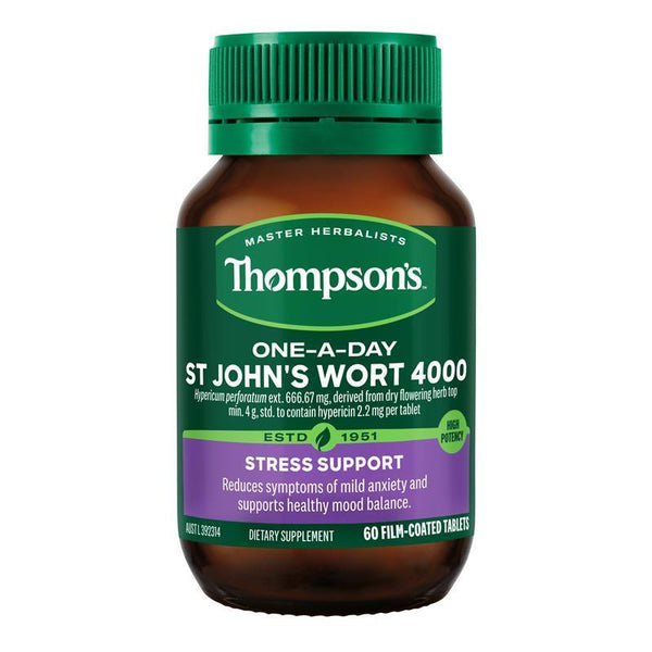 Thompson's One-A-Day St. John's Wort 4000mg 60 Tablets (Hypericum perforatum (St John's Wort) ext. 666.67 mg, derived from dry flowering herb top min. 4 g (4000 mg), std. to contain hypericin 2.2 mg. Contains tabletting aids and colouring substances.)