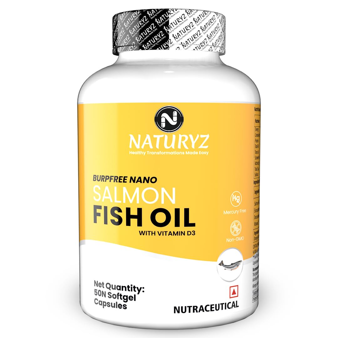 Naturyz Burp Free Salmon Fish Oil 2000 mg + Vitamin D3 x 50 Softgel Capsules (Salmon Fish Oil 2000mg, Eicosapentaenoic Acid (EPA) 360mg, Docosahexaenoic Acid (DHA) 240mg, Vitamin D3 600 IU)