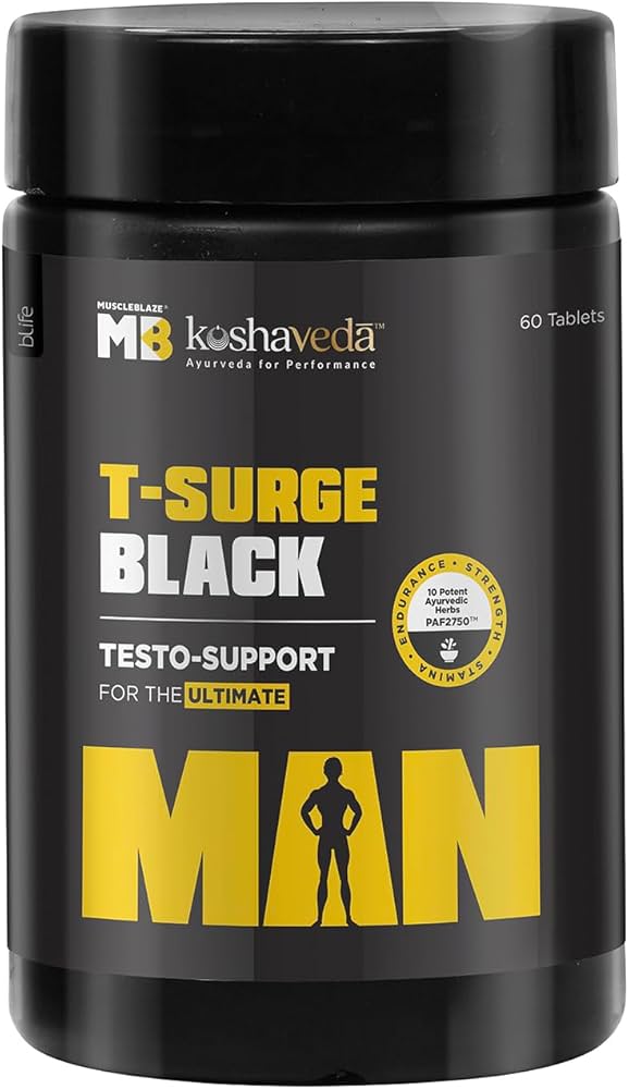 Muscleblaze T-Surge Black, Testosterone Booster for Men 60 Tablets (Ashwagandha Shilajit Kawach Safed Musli Gokhru Fenugreek Vidarikand)