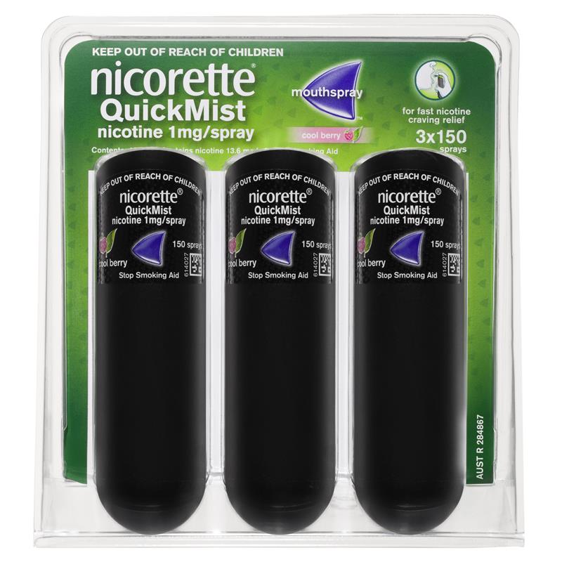 Nicorette Quit Smoking QuickMist Nicotine Mouth Spray Cool Berry 3 x 150 Pack (Nicotine 1mg)