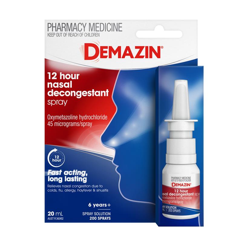 Demazin 12 Hour Relief Nasal Decongestant Spray 20ml (Oxymetazoline hydrochloride 45 micrograms/spray, Contains benzalkonium chloride 200 micrograms/mL as preservative)