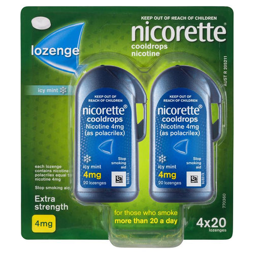 Nicorette Quit Smoking Extra Strength Cooldrops Nicotine Lozenge Icy Mint 4 x 20 Pack (Nicotine 4mg)