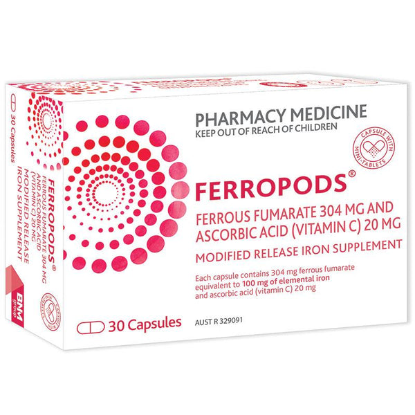 Ferropods Iron & Vitamin C 30 Capsules.