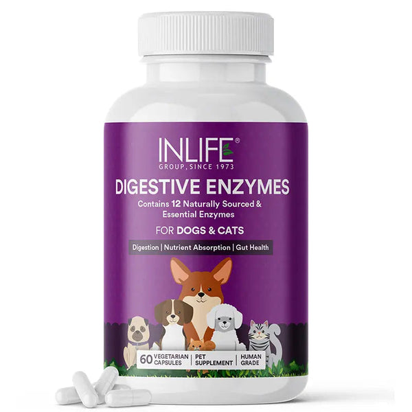 Inlife Digestive Enzymes for Dogs Cats | 12 Naturally Sourced & Essential Enzymes | 60 Veg. Capsules