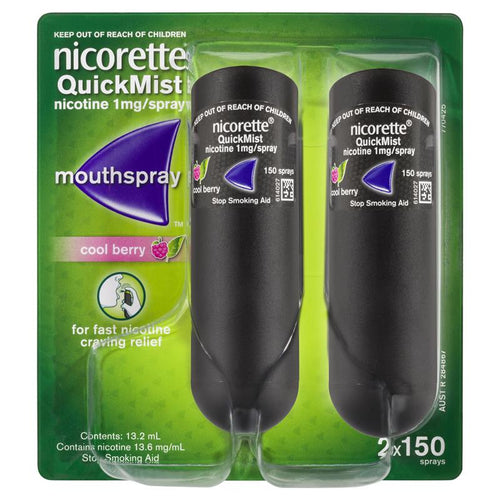 Nicorette Quit Smoking QuickMist Nicotine Mouth Spray Cool Berry 2 x 150 Sprays (Nicotine 1mg)