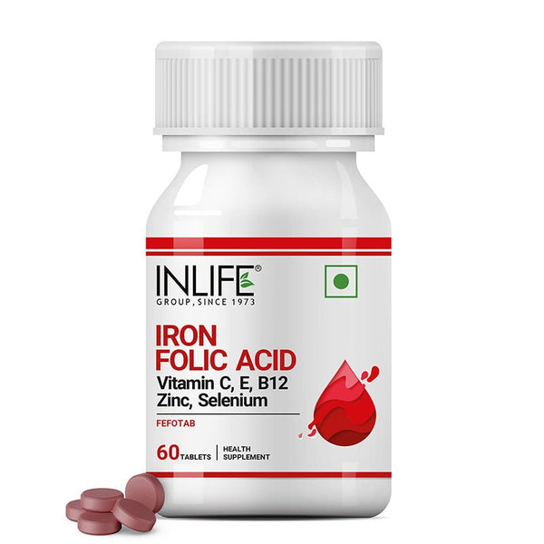 Inlife Chelated Iron Folic Acid Supplement with Vitamin C, E, B12, Zinc & Selenium | 60 Tablets