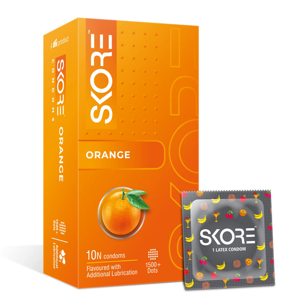 Skore Flavored Dotted & Coloured Condoms Flavour Orange 10 Pack