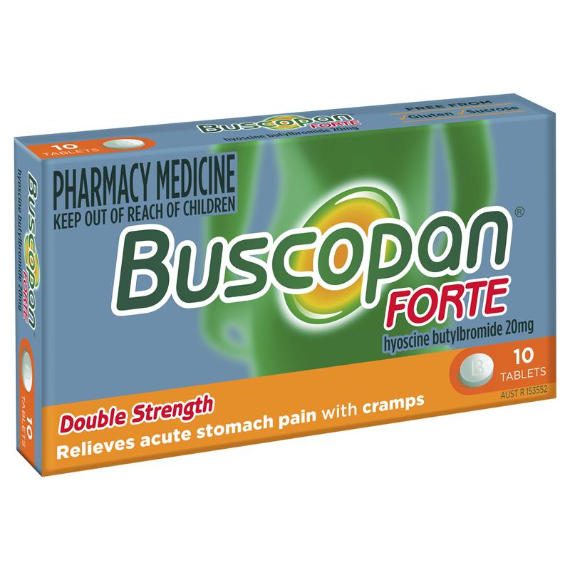 Buscopan Forte Stomach Cramps Pain Relief 20mg 10mg Tablets (Hyoscine butylbromide 20mg. Contains lactose)