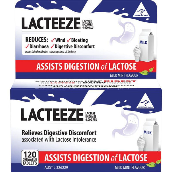 Lacteeze 120 Tablets (Dextrose, microcrystalline cellulose, Lactase (4,000 ALU), calcium stearate and natural mint flavour.)