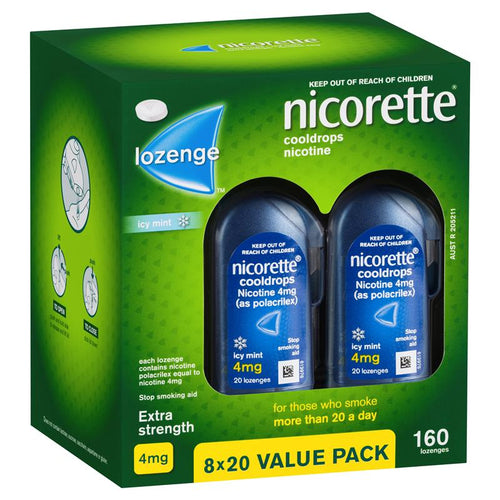 Nicorette Quit Smoking Extra Strength Cooldrops Nicotine Lozenge Icy Mint 8 x 20 Pack (Nicotine)