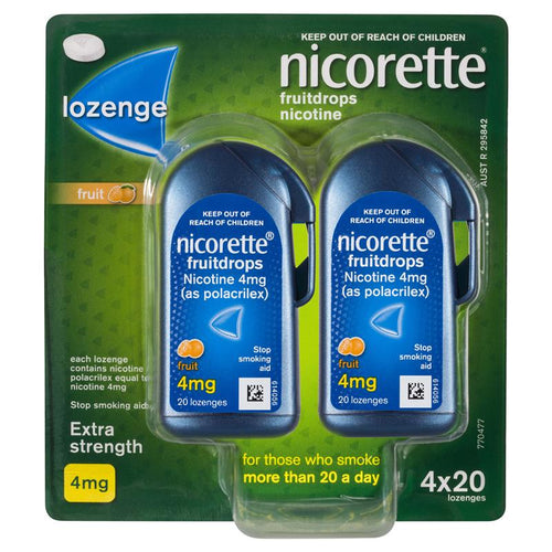 Nicorette Quit Smoking Extra Strength Nicotine Lozenge Fruitdrops 4 x 20 Pack (Nicotine 4mg)