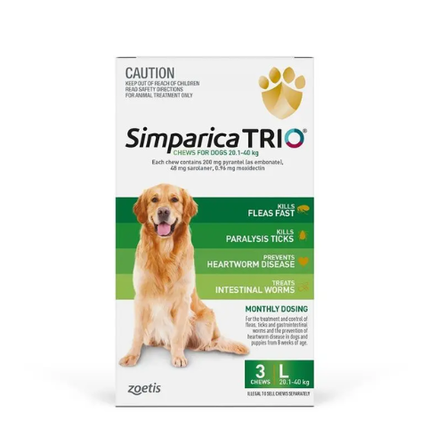 Simparica TRIO Green Flea, Tick & Worm Chews 20.1-40kg For Large Dogs (Saronaler, Pyrantel and Moxidectin)