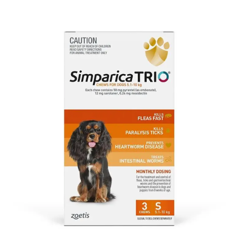 Simparica TRIO Orange Flea, Tick & Worm Chews 5.1-10kg For Small Dogs (Saronaler, Pyrantel and Moxidectin)