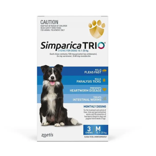 Simparica TRIO Blue Flea, Tick & Worm Chews 10.1-20kg Medium Size Dogs (Saronaler, Pyrantel and Moxidectin)