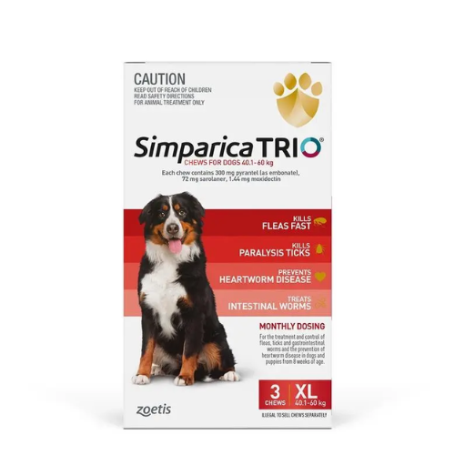 Simparica TRIO Red Flea, Tick & Worm Chews 40.1-60kg X-Large Dogs (Saronaler, Pyrantel and Moxidectin)