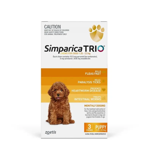 Simparica TRIO Masticables Amarillos para Pulgas, Garrapatas y Gusanos Perros y Cachorros de 1.25-2.5 kg